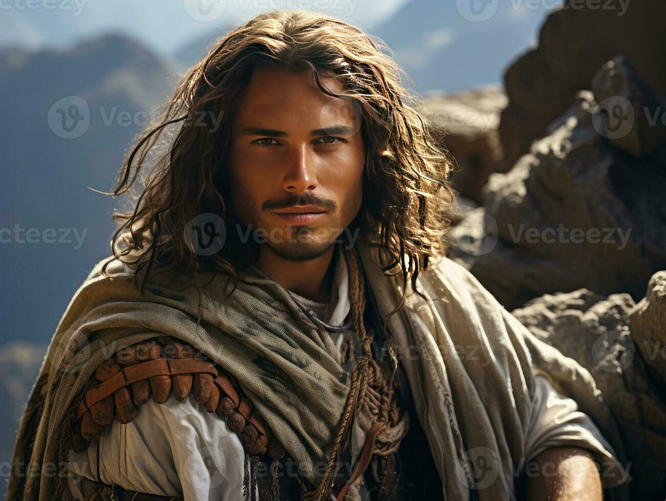 AI generated A bearded and long-haired Middle Eastern man wearing a headscarf in the desert. Generative Ai photo