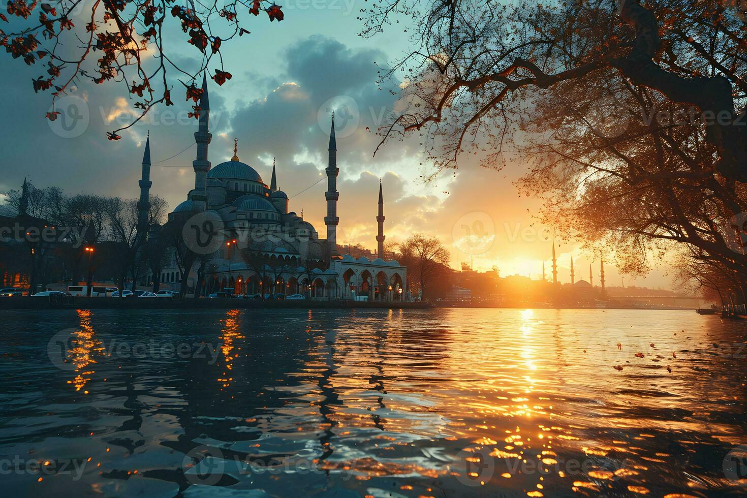 AI generated A Magnificent Mosque with a Beautiful Sky View at Sunset. Generative AI photo