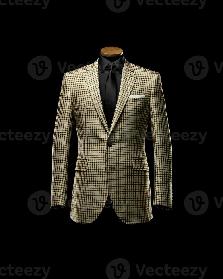 AI generated Elegant Beige Men's Suit with Gingham Motif Isolated on Black Background. Generative AI photo