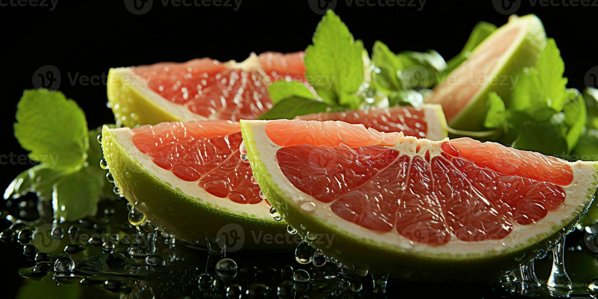 AI generated Sliced Fresh Grapefruits with Water Droplets. Pomelo Fruits. Generative AI photo