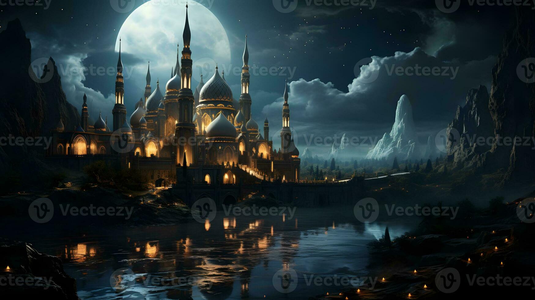AI generated Elegant Mosque Illustration at Night with Big Moon and Fantasy Sky. Generative Ai photo