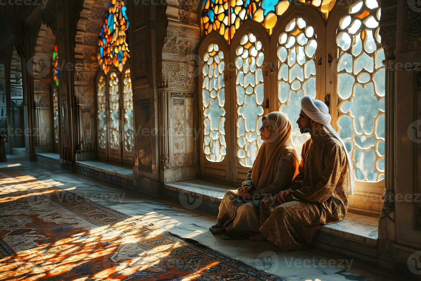 AI generated Muslim couple sitting in a mosque in traditional dress. Generative Ai photo