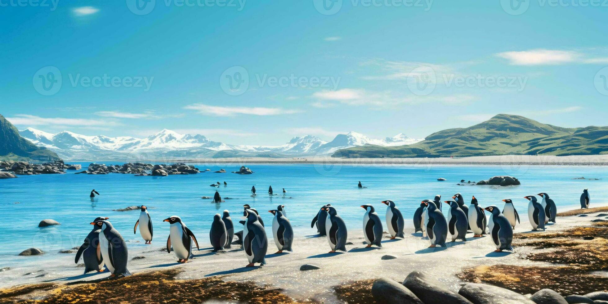 ai generado pingüino colonia en el playa con hermosa paisaje vista. generativo ai foto