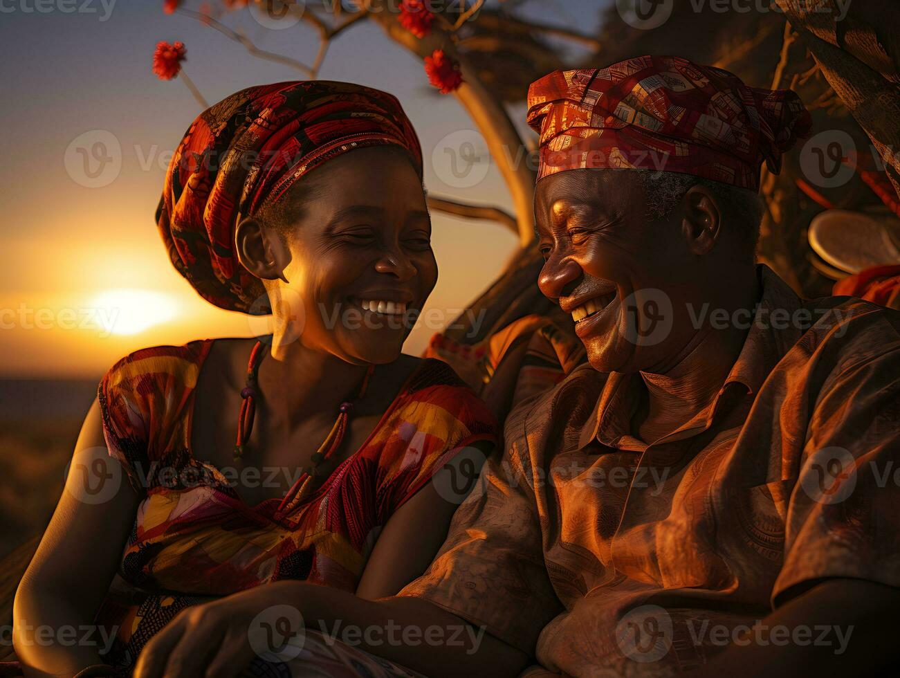 AI generated Romantic Elderly African Couple Embracing Each Other with Sunset View. Generative Ai photo