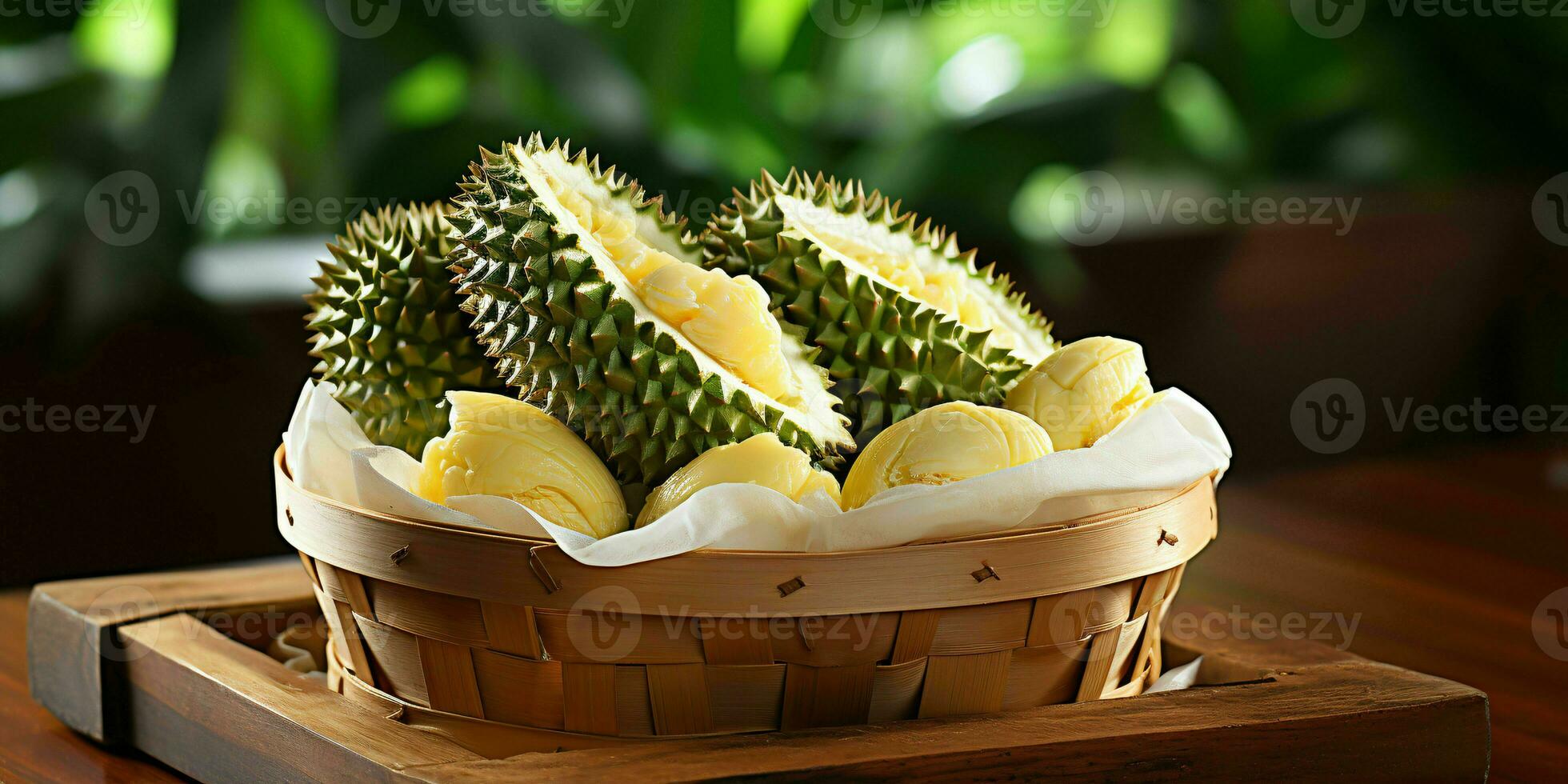 AI generated Closeup of Fresh Durian Fruit. Durian in a Basket. Generative AI photo