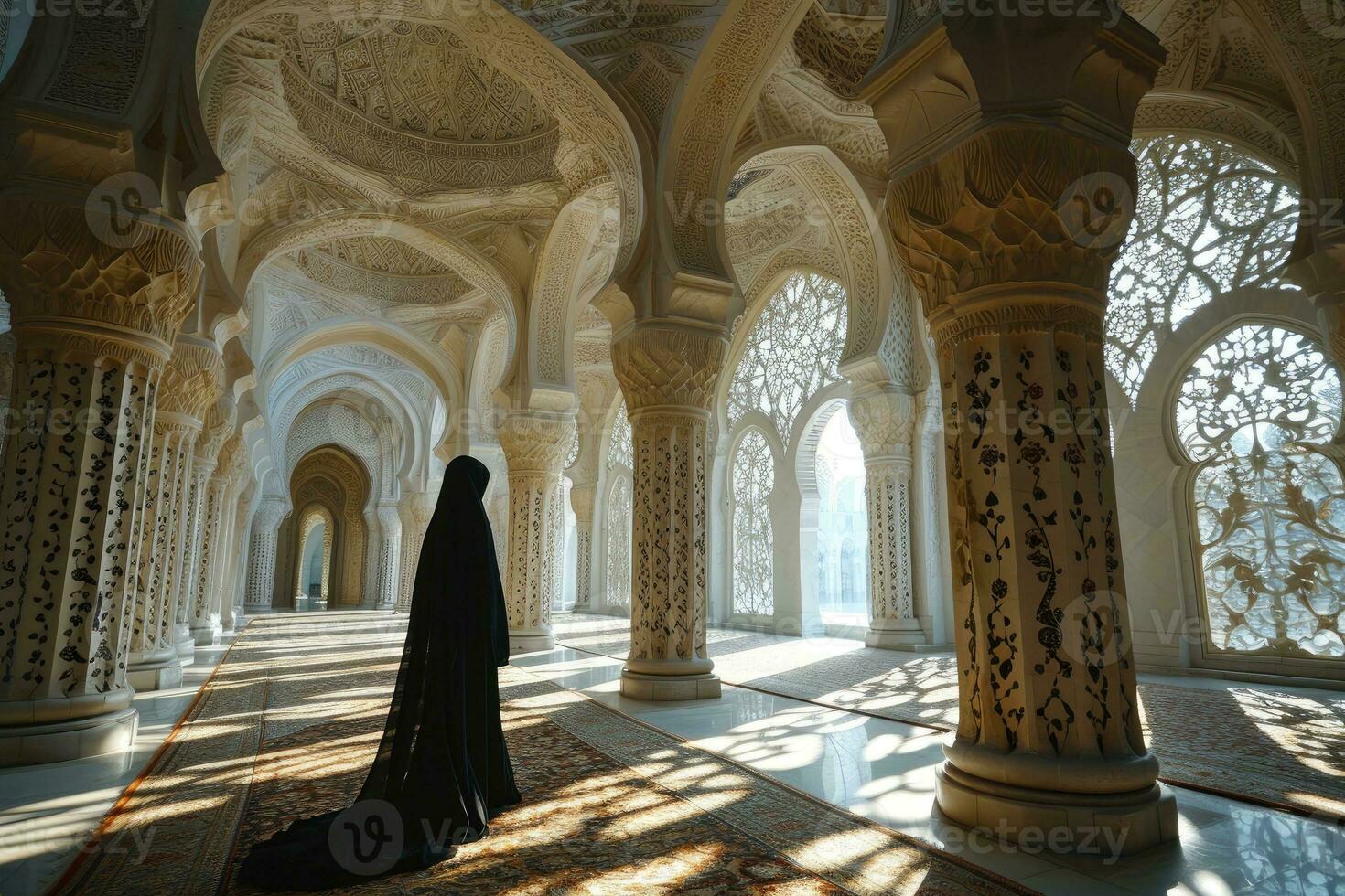 AI generated Muslimah with Niqab Walks in the Luxurious Interior of a Mosque. Muslim Women at Mosque. Generative AI photo