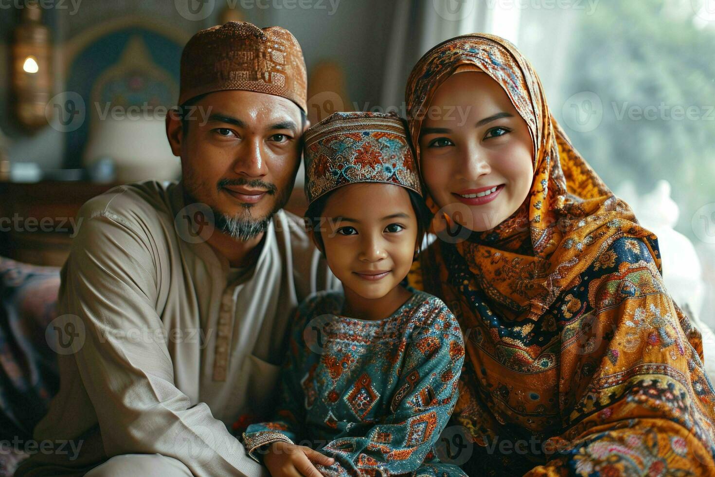 AI generated Portrait of a Happy Asian Muslim Family in Traditional Clothes. Generative AI photo
