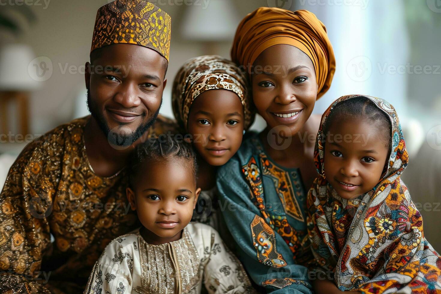 AI generated Portrait of a Happy African Muslim Family in Traditional Clothes. Generative AI photo