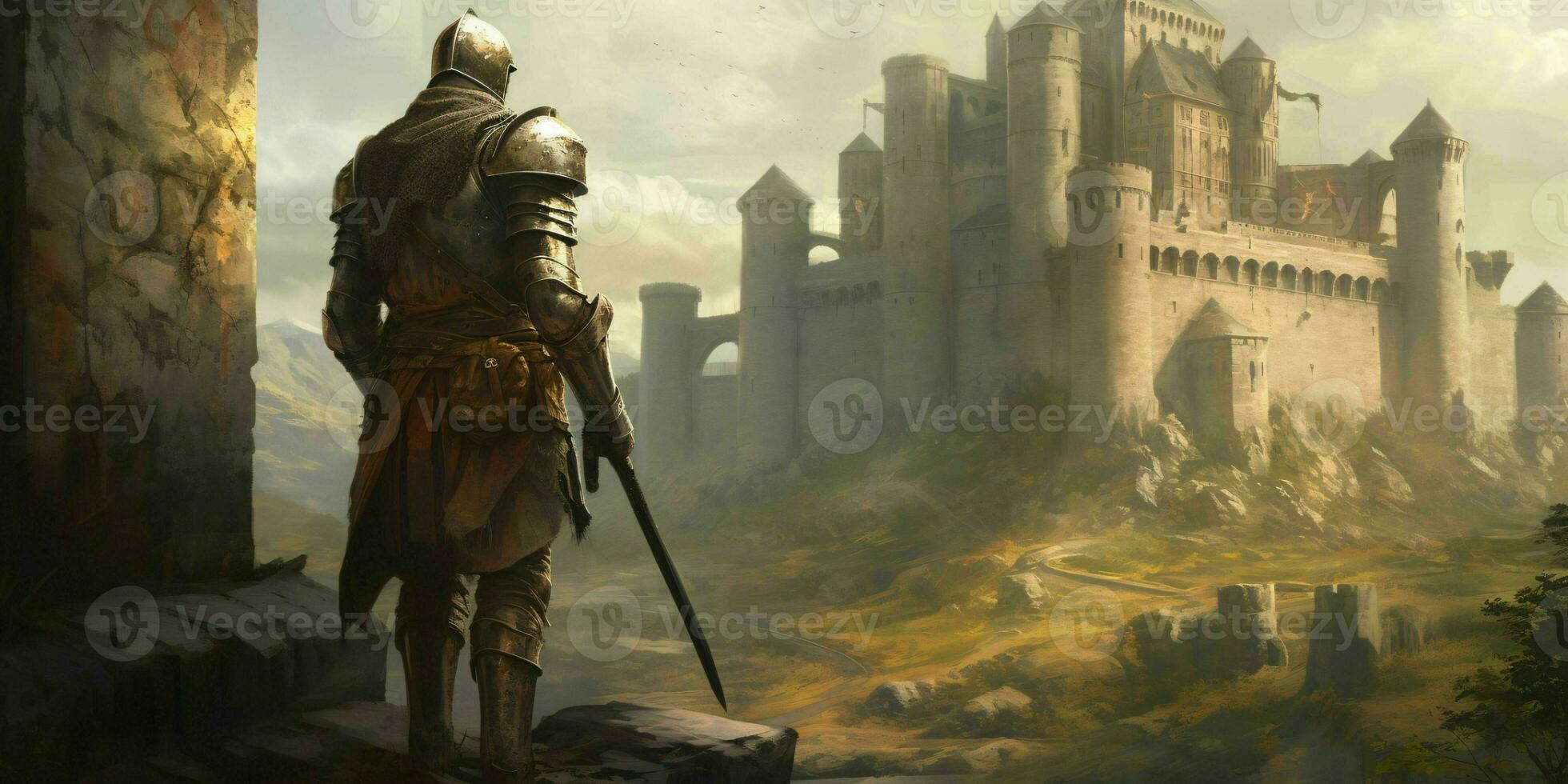 ai generado un medieval guerrero con un majestuoso castillo en frente de a él. generativo ai foto