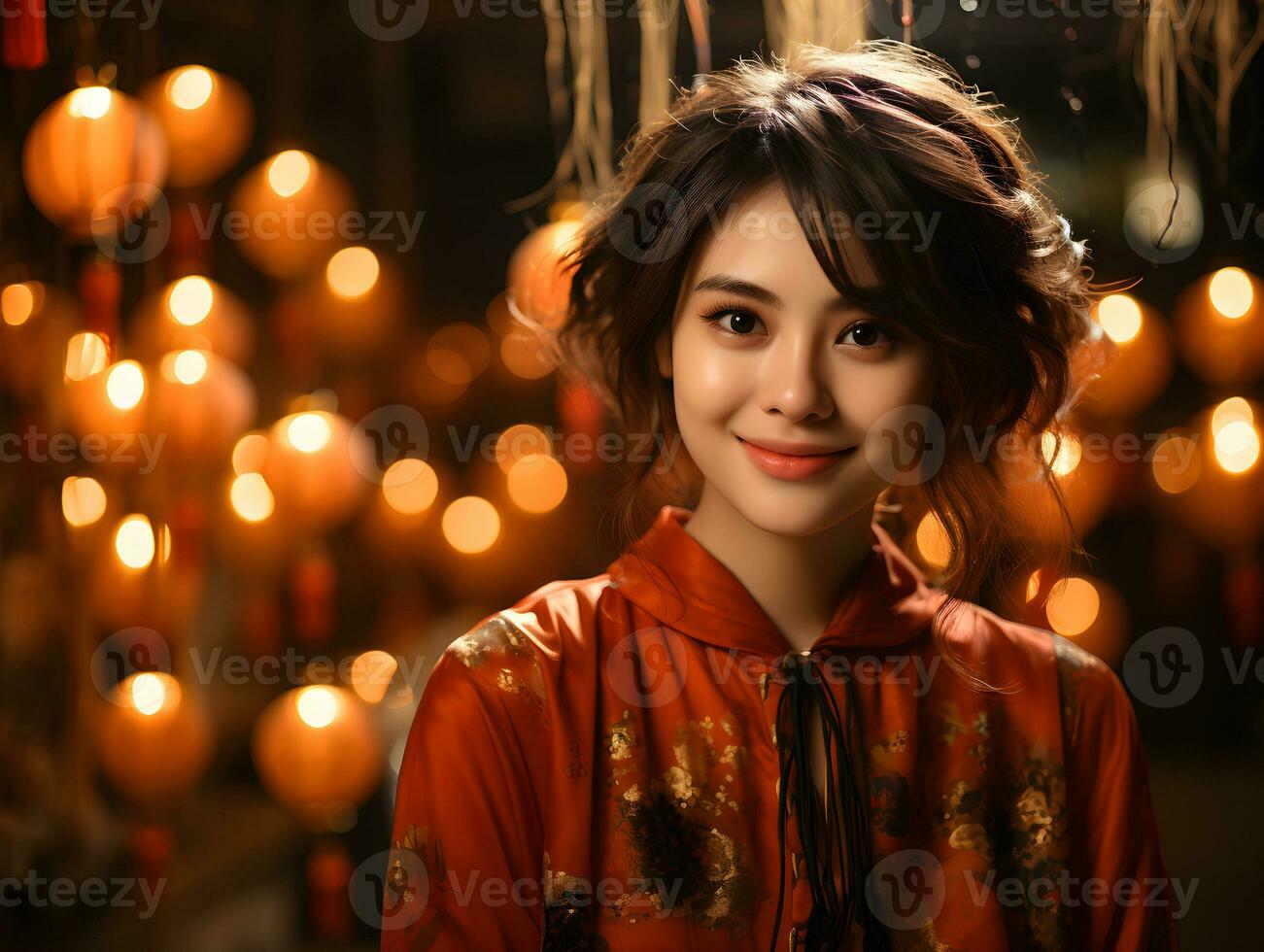 AI generated Beautiful Short Haired Asian Woman in Traditional Dress with Blurred Lantern Background. Asian Women Celebrate the Lunar New Year Festival. Generative Ai photo