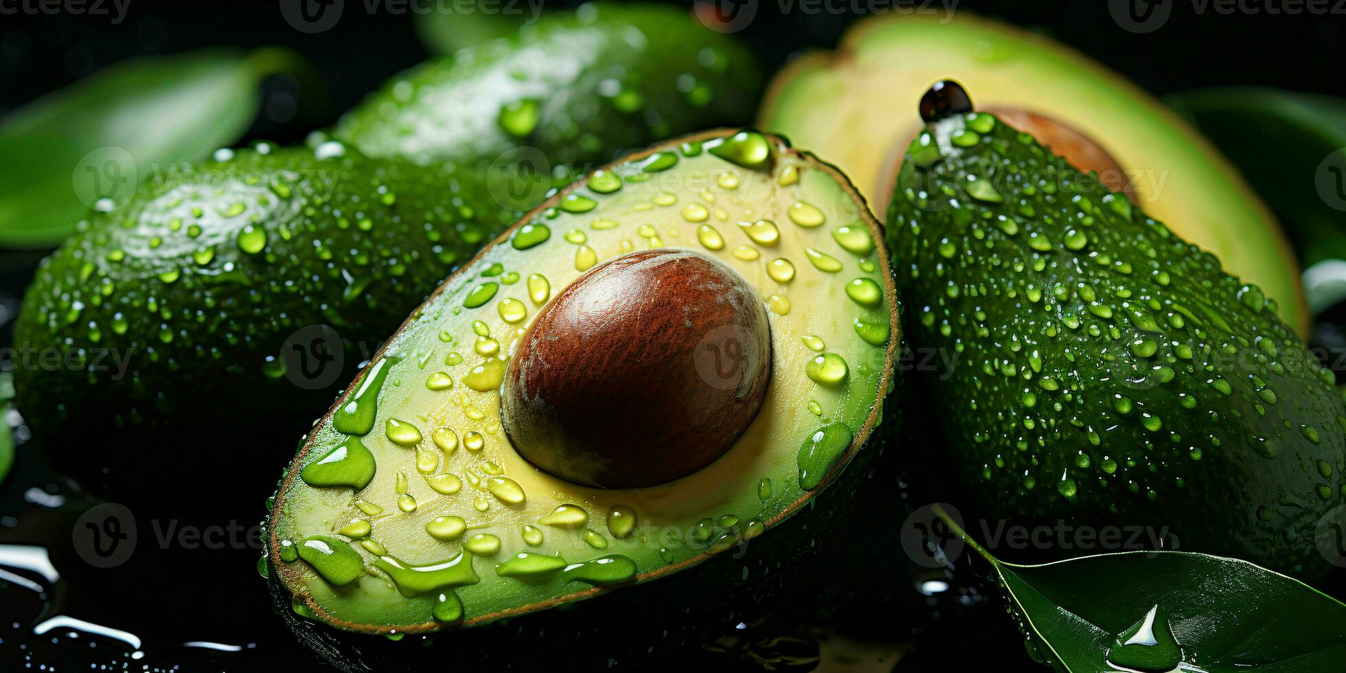 ai generado Fresco aguacate con agua gotas en negro antecedentes. generativo ai foto