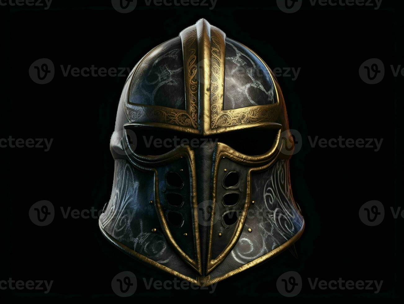 AI generated Iron Medieval War Helmet Isolated on Black Background. Generative AI photo