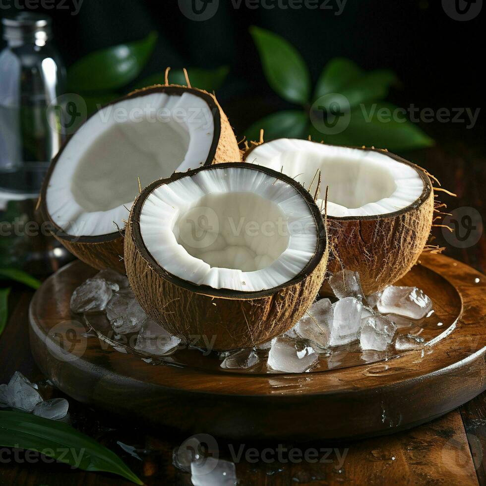 AI generated Fresh Coconut. Coconut Pieces. Generative AI photo