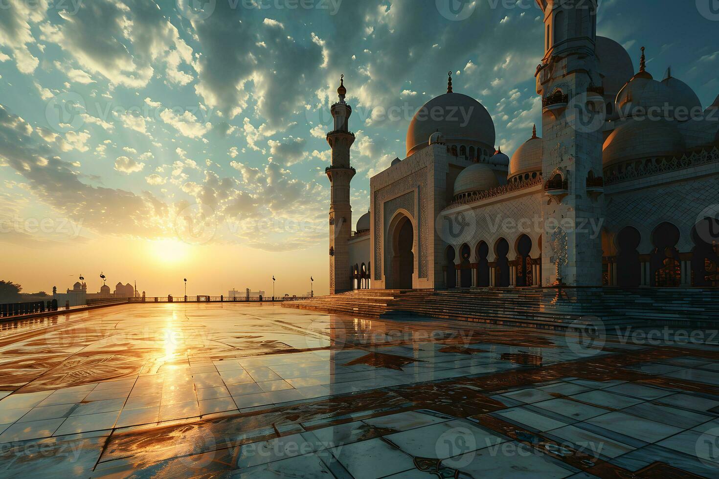 AI generated A Magnificent Mosque with a Beautiful Sky View at Sunset. Generative AI photo