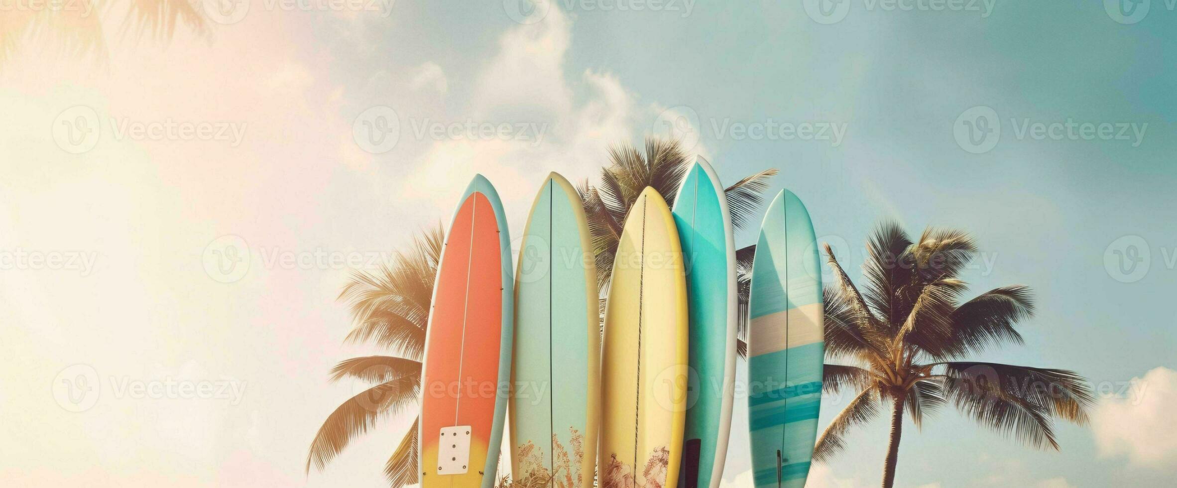 AI generated Surfboard on the Beach with Blue Sky View. Generative AI photo