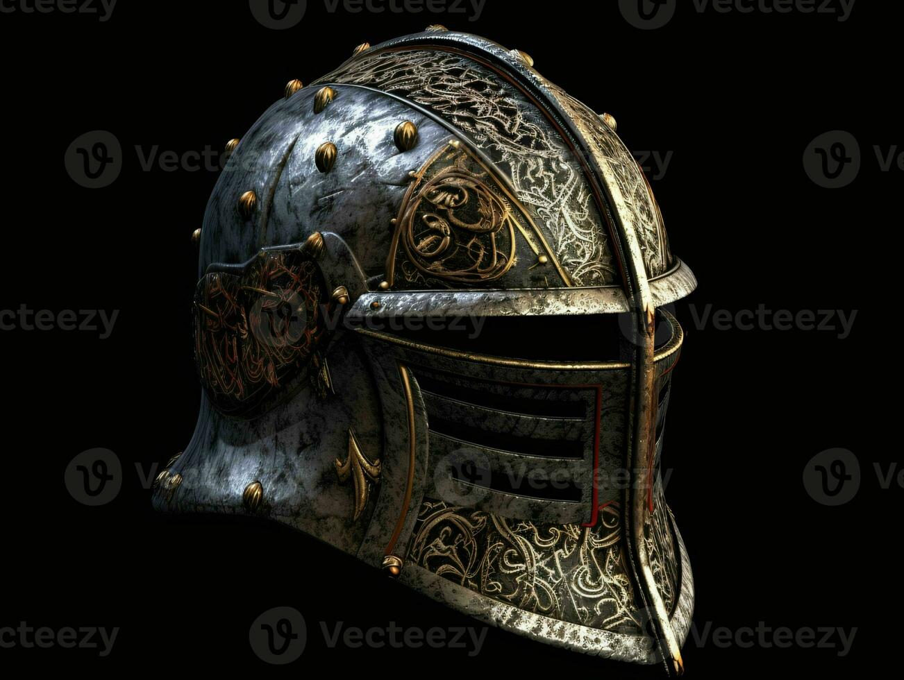 AI generated Iron Medieval War Helmet Isolated on Black Background. Generative AI photo