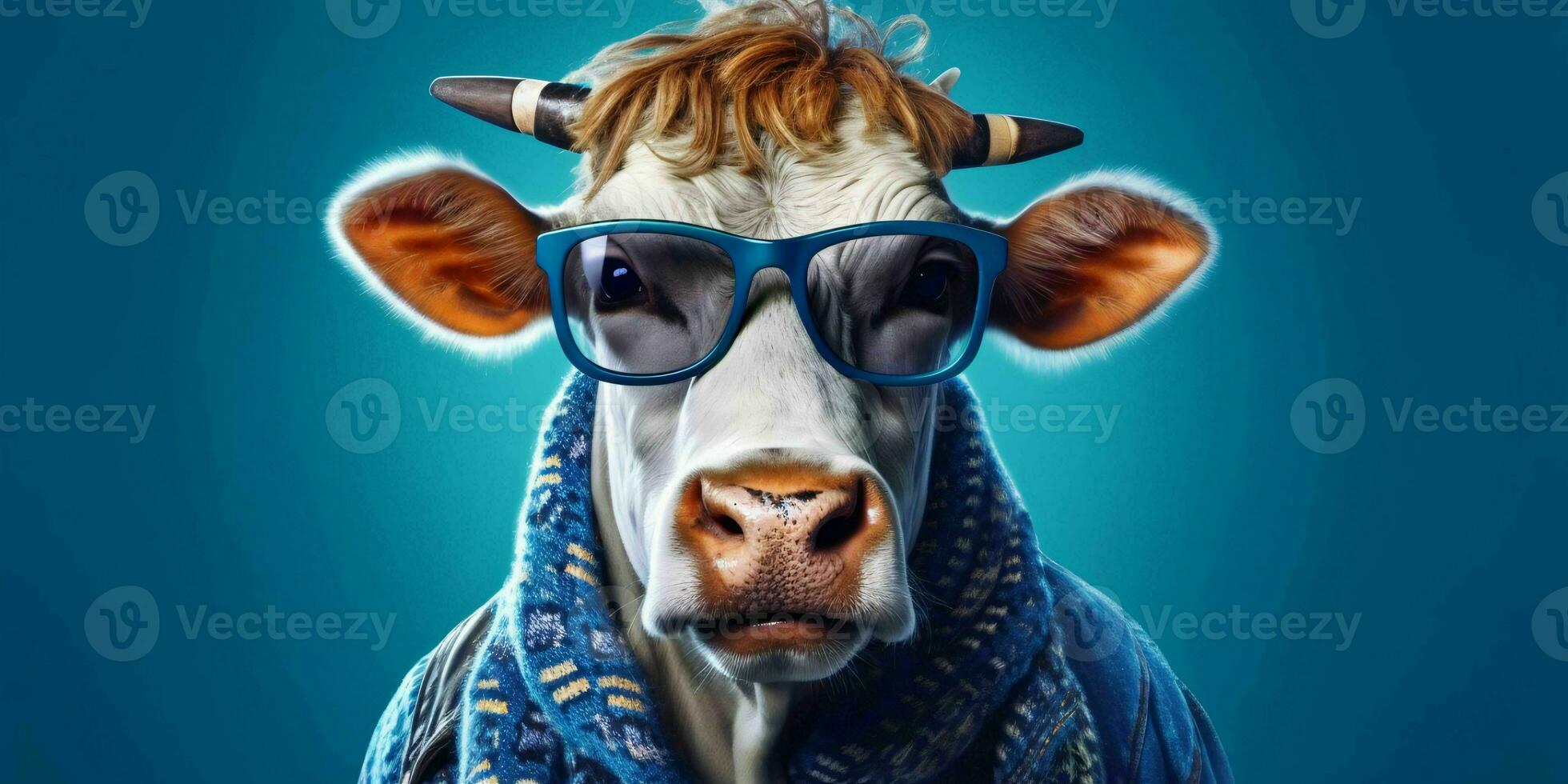 ai generado retrato de frio y gracioso vaca vistiendo lentes en estudio antecedentes. generativo ai foto