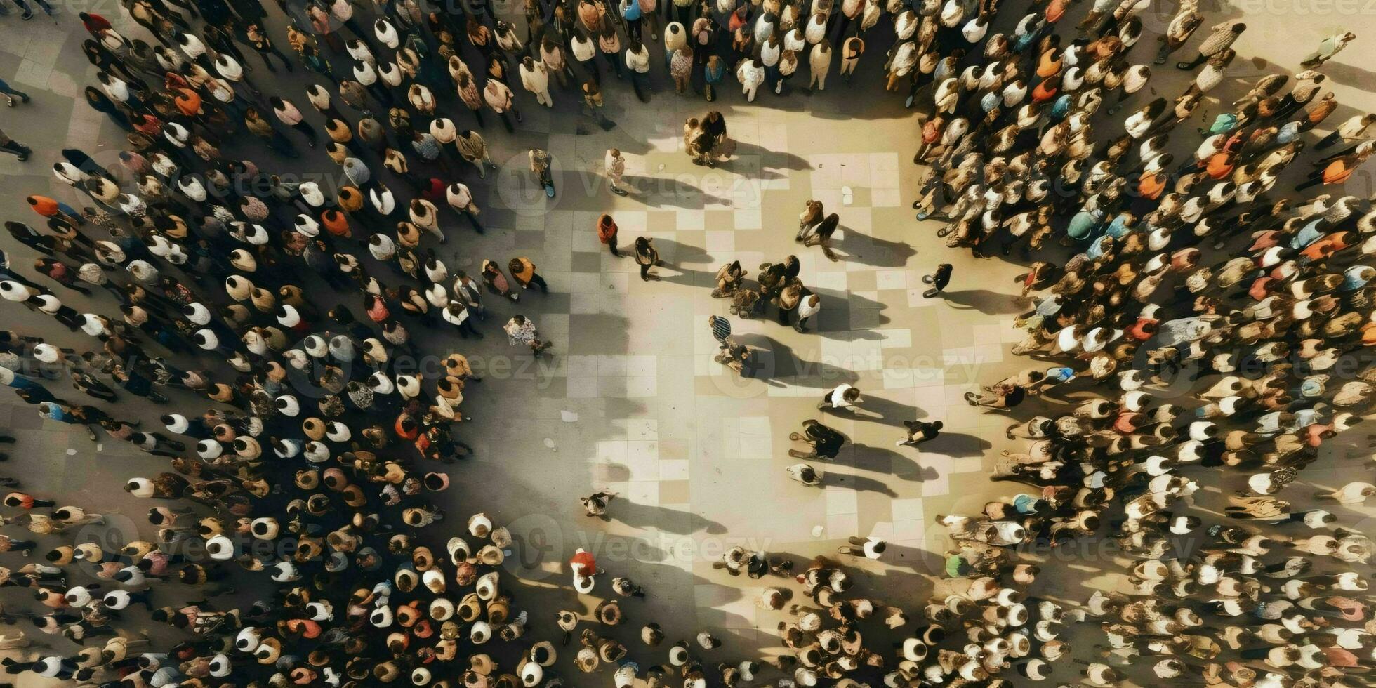 ai generado multitud de personas visto desde arriba. pájaro ojo vista. generativo ai foto