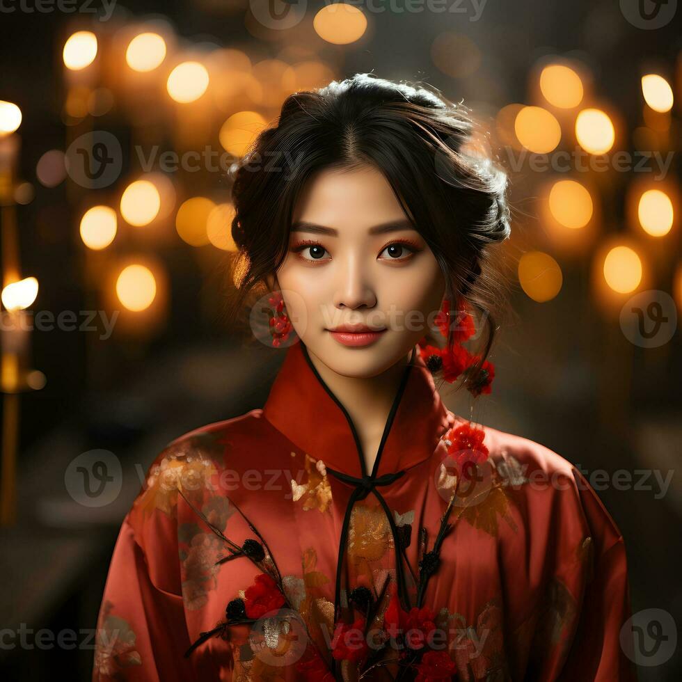 AI generated Beautiful Short Haired Asian Woman in Traditional Dress with Blurred Lantern Background. Asian Women Celebrate the Lunar New Year Festival. Generative Ai photo