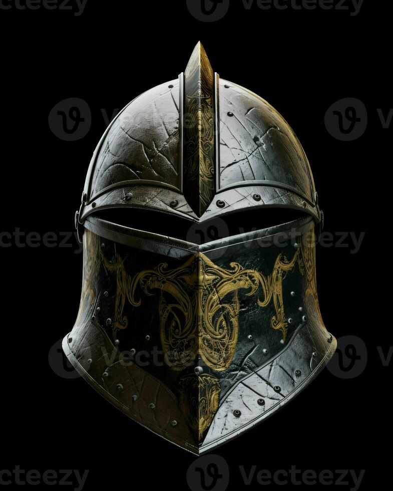AI generated Iron Medieval War Helmet Isolated on Black Background. Generative AI photo