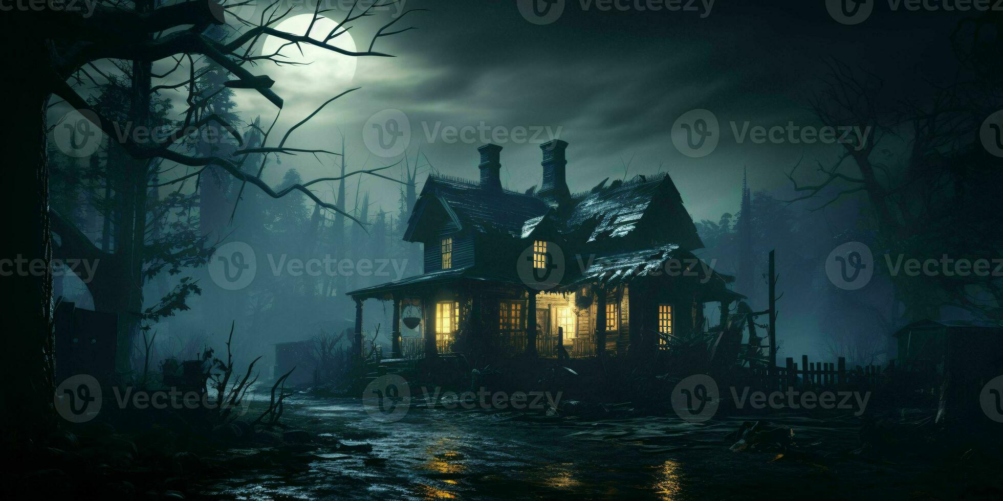 AI generated Scary House in the Forest with Spooky Trees. Horror Background. Generative AI photo