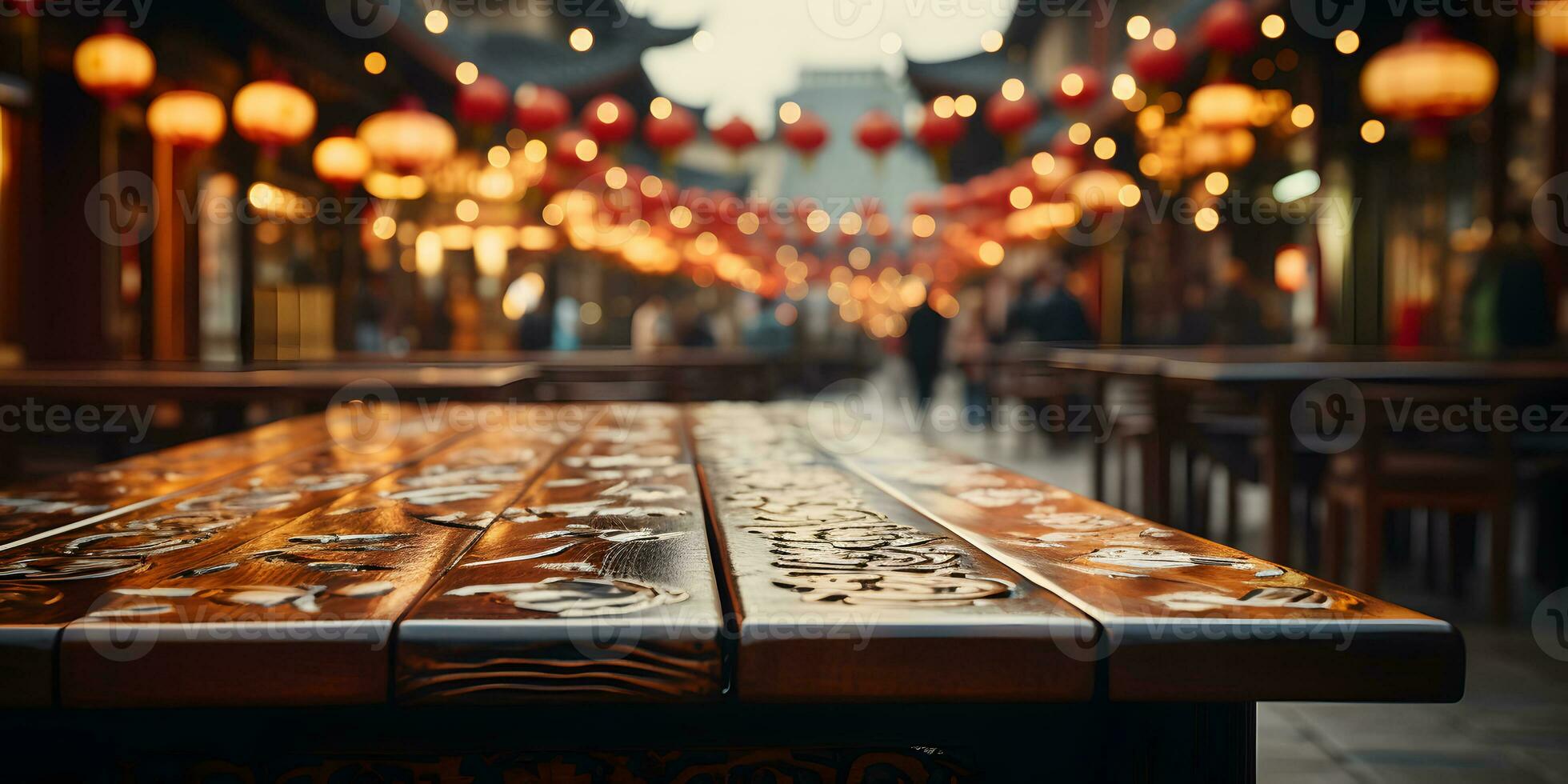 AI generated Empty Wooden Table with Blurred Ancient Chinese Town Background, Decorated with Hanging Lanterns. Generative Ai photo