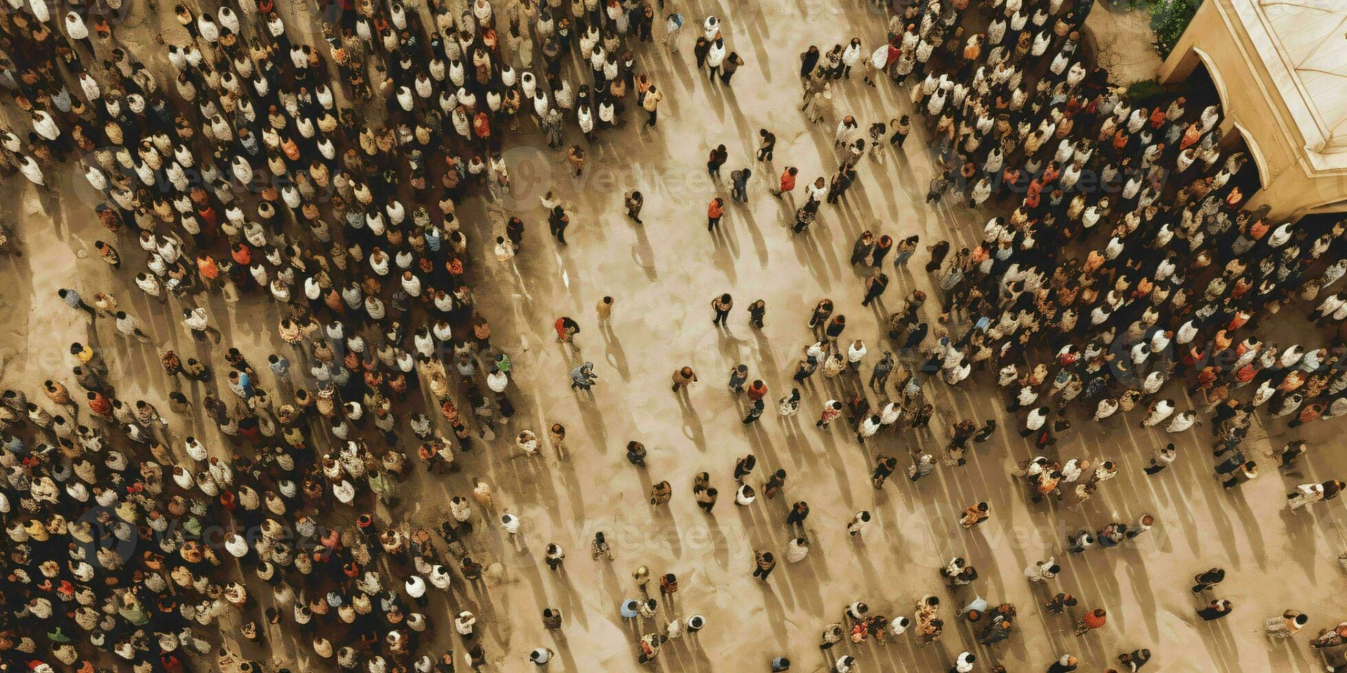 AI generated Crowd of People Seen from Above. Bird Eye View. Generative AI photo
