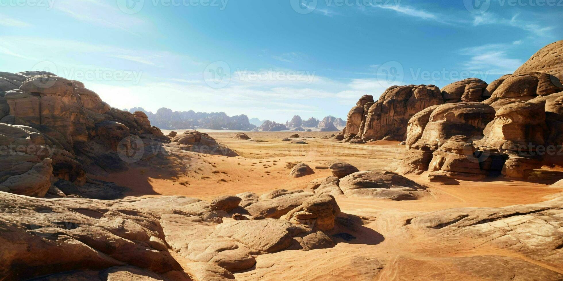ai generado un vasto, árido Desierto con azul cielo. rocoso Desierto paisaje. generativo ai foto