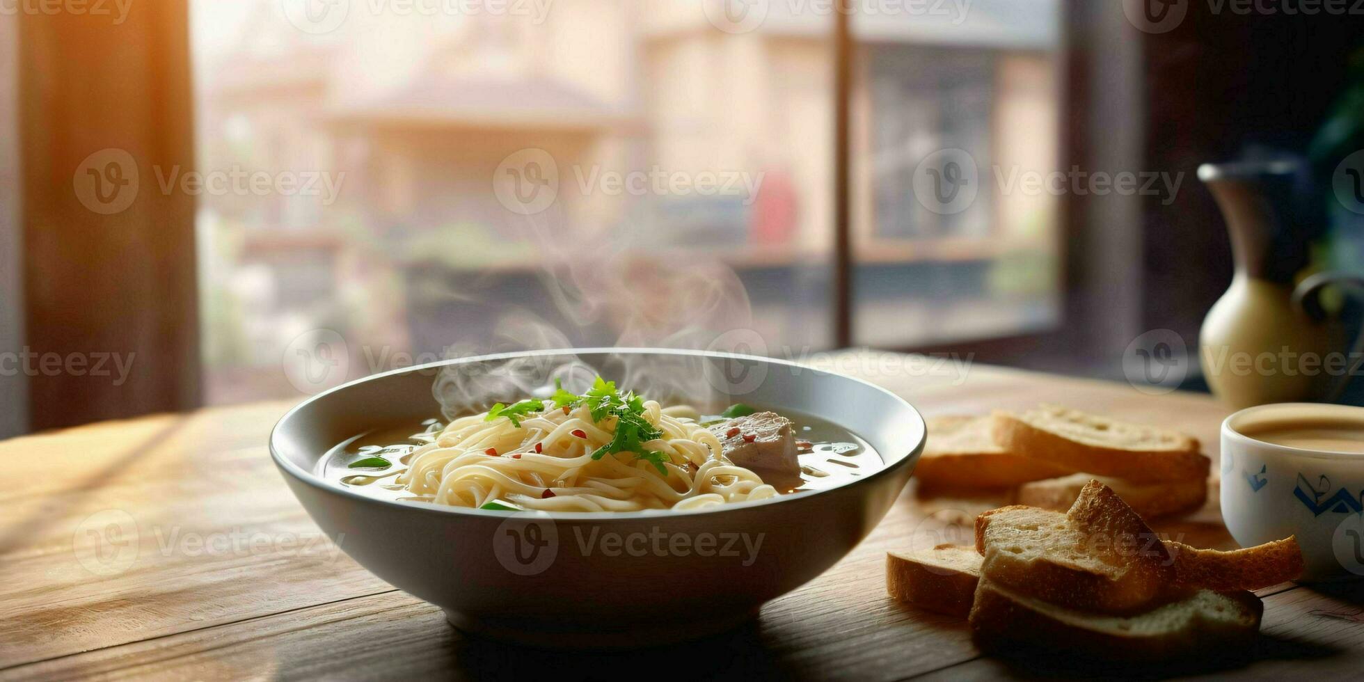 AI generated A Bowl of Hot Noodle Soup on Wooden Table. Generative AI photo