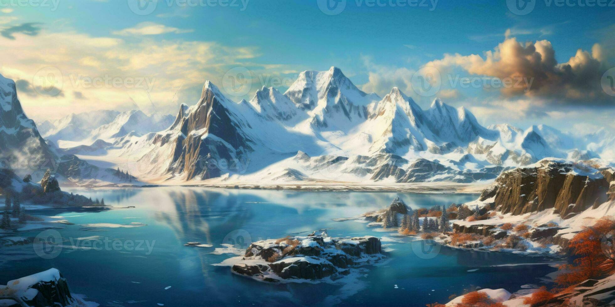 AI generated Illustration of a Large Snowy Mountain Landscape with a Lake Below. Winter Mountains. Generative AI photo