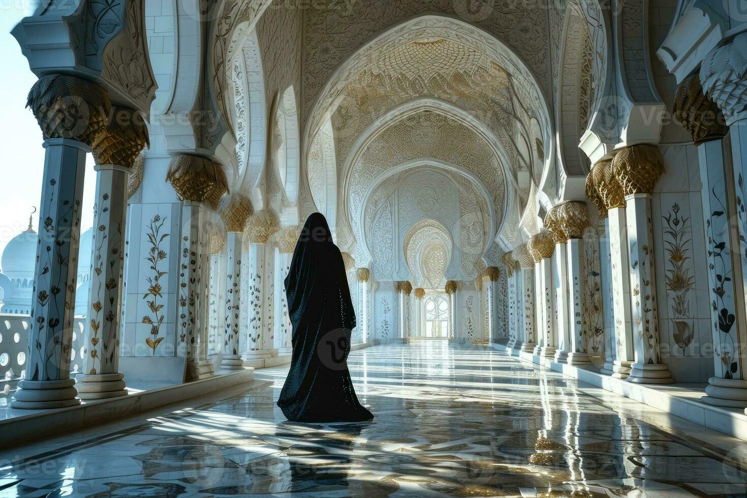AI generated Muslimah with Niqab Walks in the Luxurious Interior of a Mosque. Muslim Women at Mosque. Generative AI photo