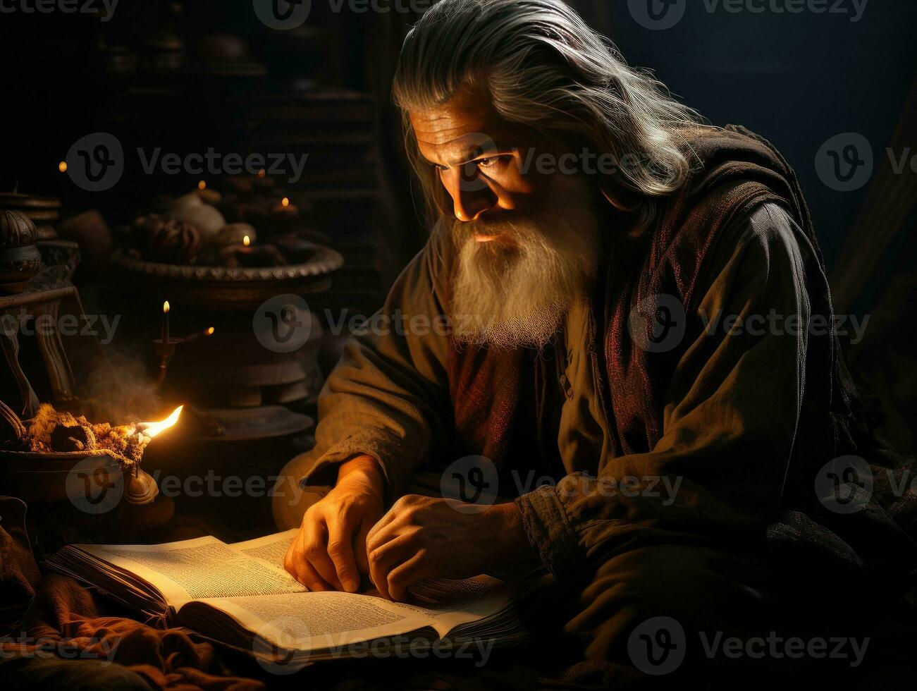 AI generated An elderly Muslim man reads the Al Quran by candlelight. Generative Ai photo