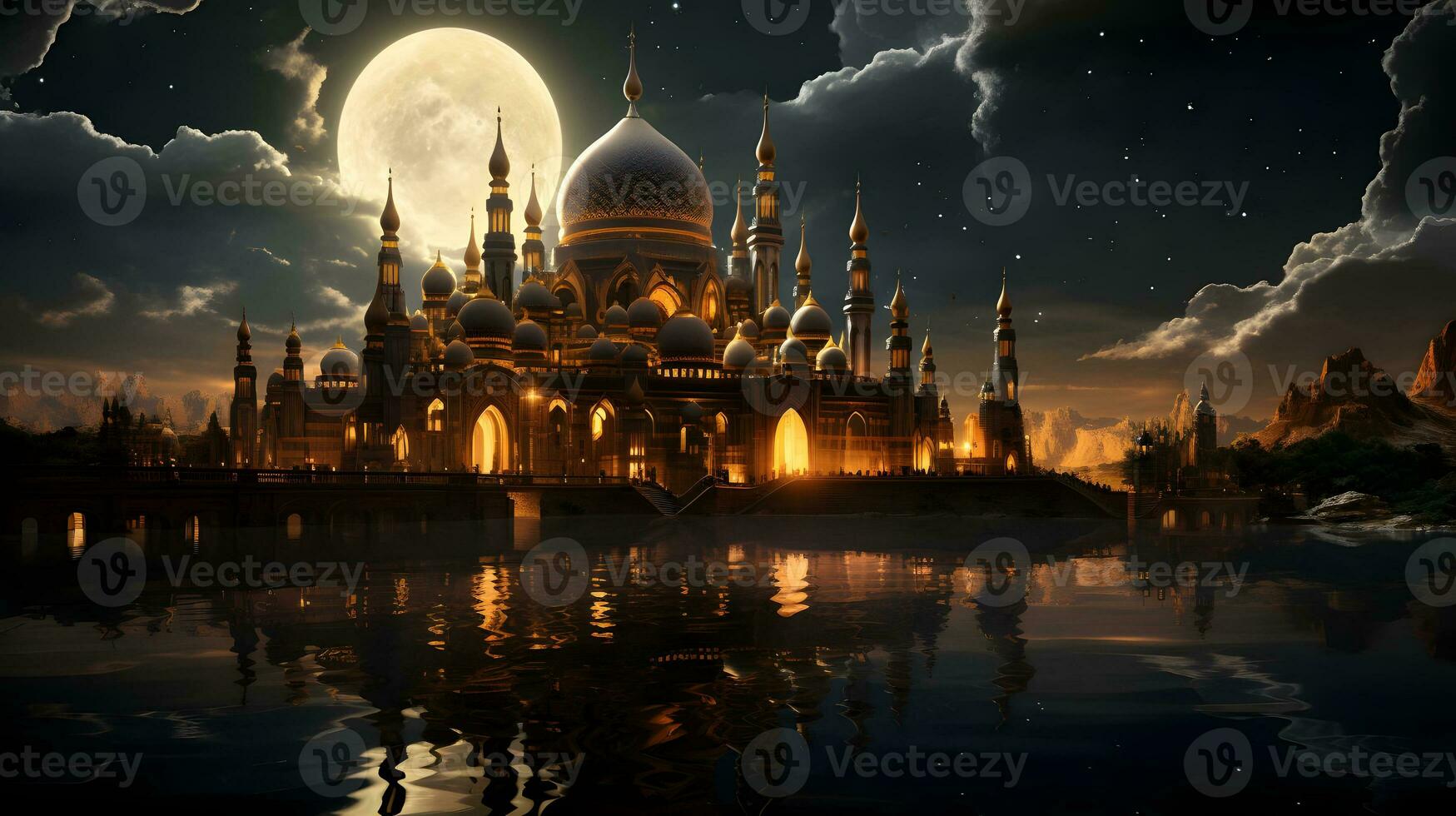 ai generado elegante mezquita ilustración a noche con grande Luna y fantasía cielo. generativo ai foto