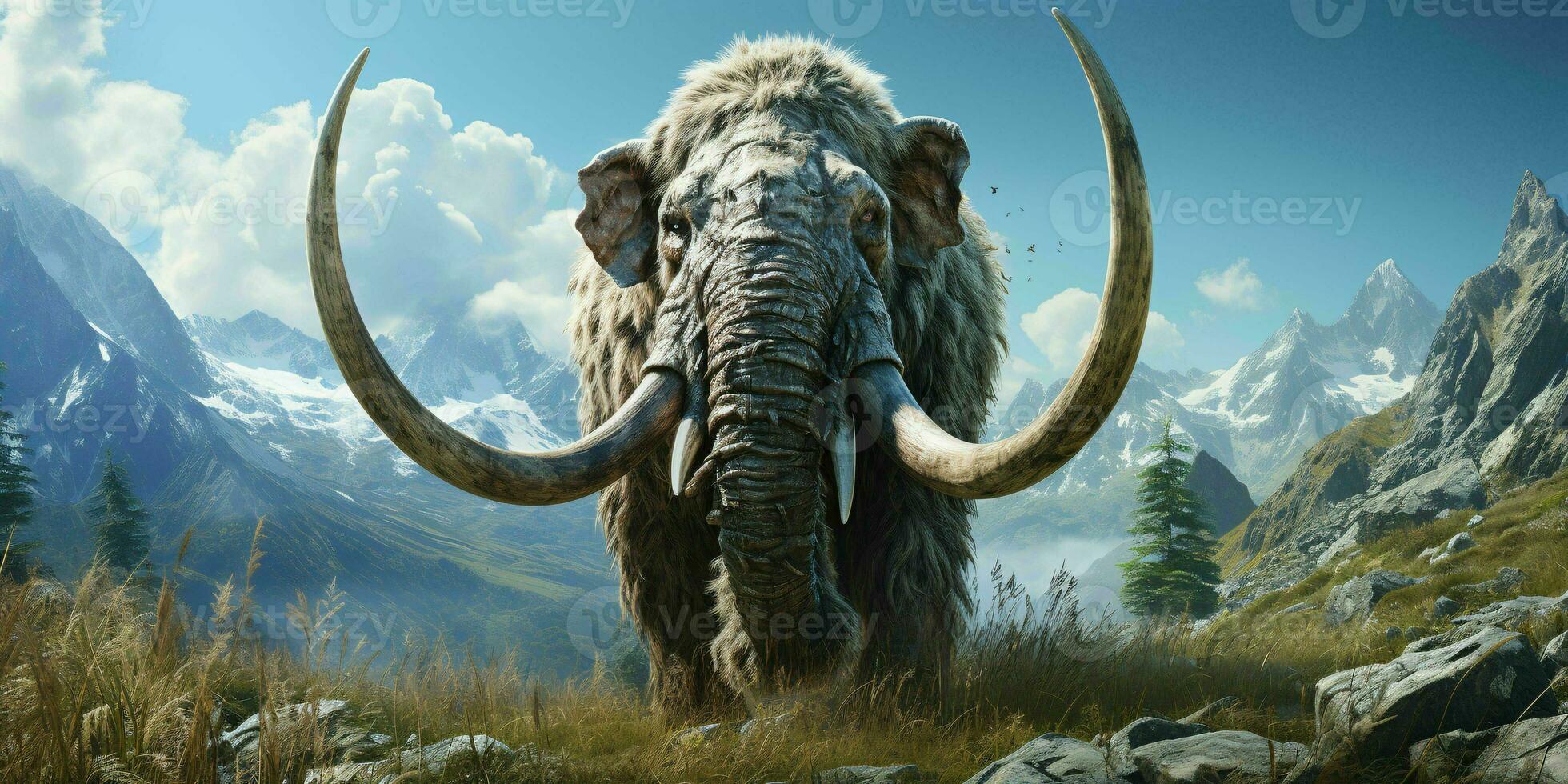 ai generado un lanoso mamut con vasto pastos y montañas antecedentes. generativo ai foto