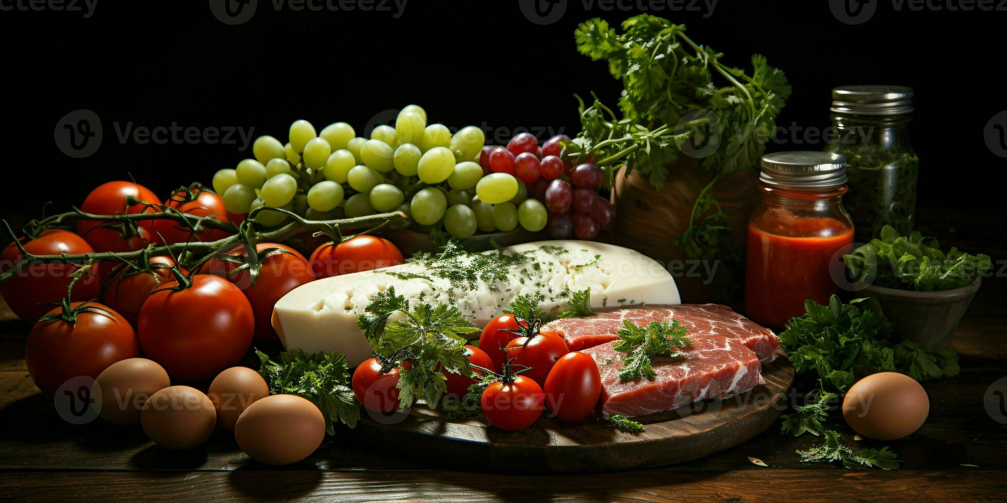 AI generated Arrangement of Raw Meat, Milk, Eggs, and Vegetables on Black Background. Generative AI photo