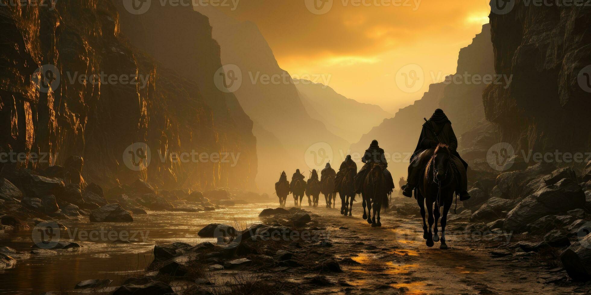 AI generated Arabian People Doing a Long Journey on Foot and Horseback. Generative AI photo