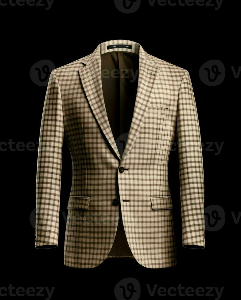 AI generated Elegant Beige Men's Suit with Gingham Motif Isolated on Black Background. Generative AI photo