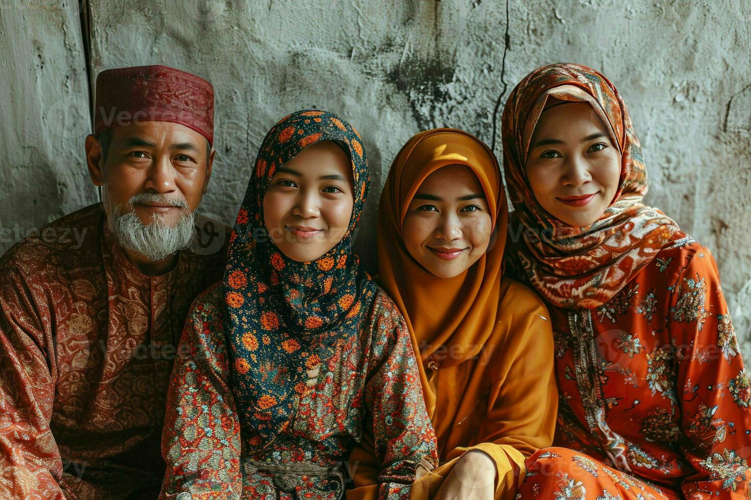 AI generated Portrait of a Happy Asian Muslim Family in Traditional Clothes. Generative AI photo