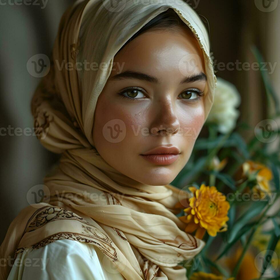 AI generated Portrait of a beautiful and exotic young muslim woman with white hijab. Generative Ai photo