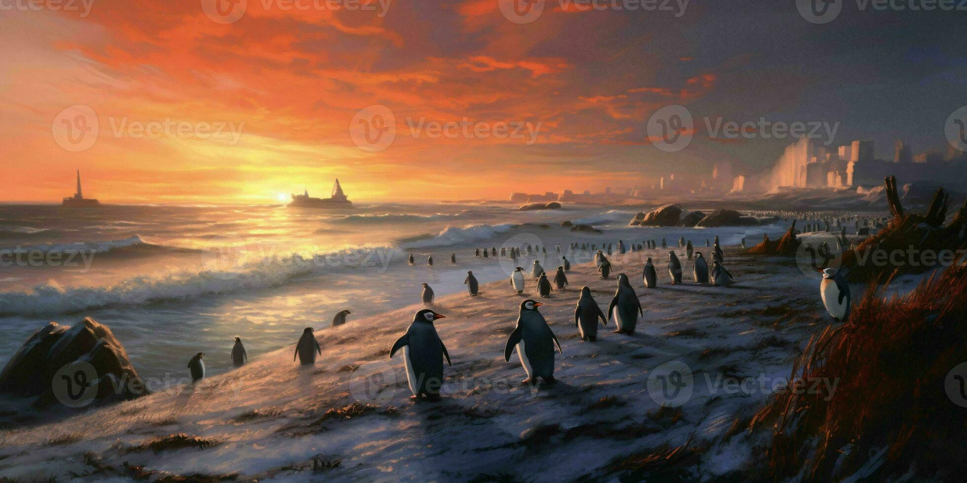 AI generated Penguin Colony on the Beach with Beautiful Sunset View. Generative AI photo