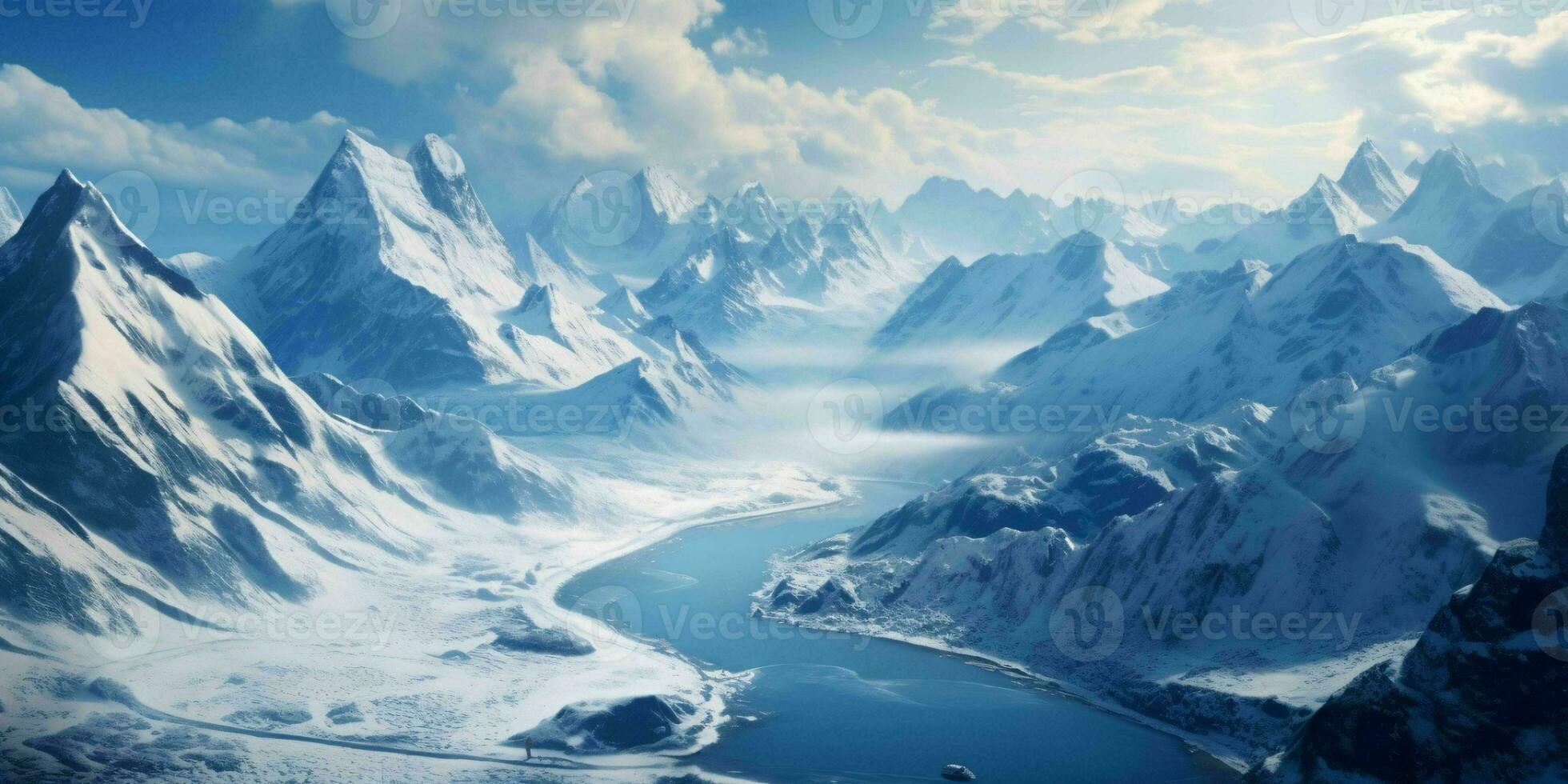 AI generated Illustration of a Large Snowy Mountain Landscape with a Lake Below. Winter Mountains. Generative AI photo