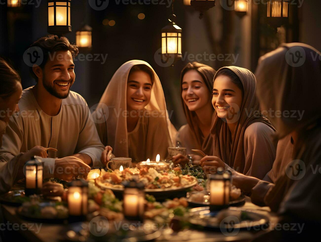 ai generado musulmán familia y amigos reunión durante Ramadán con delicioso platos en el mesa. iftar cena. generativo ai foto