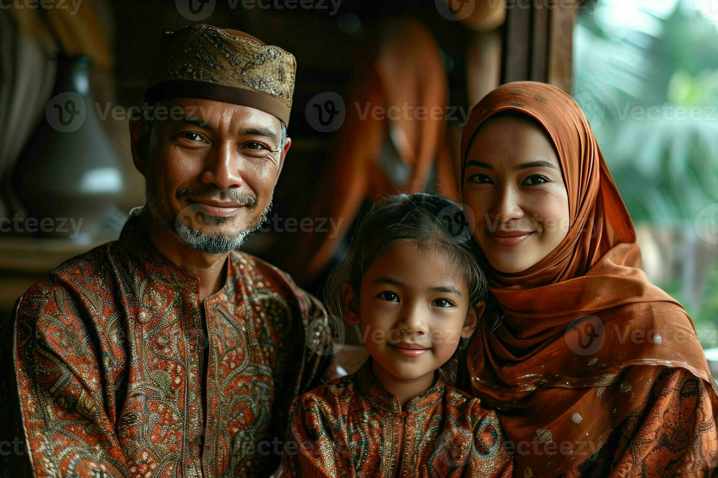 AI generated Portrait of a Happy Asian Muslim Family in Traditional Clothes. Generative AI photo
