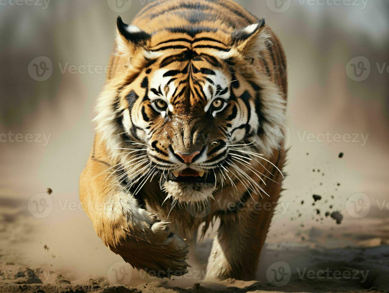 AI generated Portrait of a Ferocious Tiger Running Over the Mud. Generative AI photo