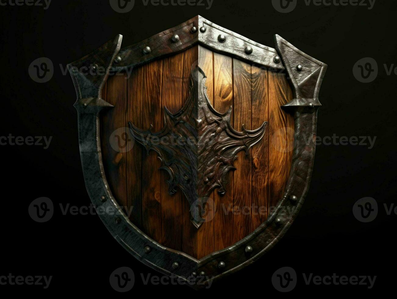 AI generated Medieval Wooden Shield with War Torn Mark. Generative AI photo