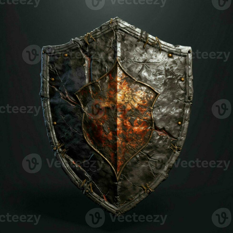 AI generated Rusty Medieval Shield with War Torn Effect Isolated on Black Background. Generative AI photo