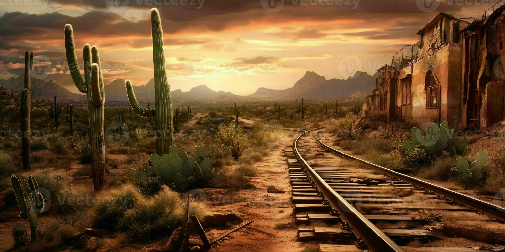 AI generated Rusty Railroad Track on Western Desert. Abandoned Train Track. Generative AI photo