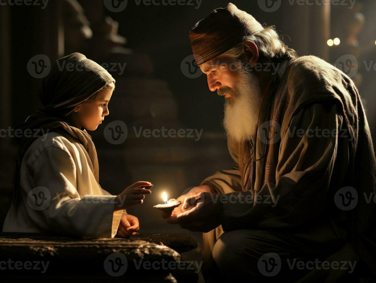 ai generado musulmán profesor enseñando niños a el mezquita. generativo ai foto