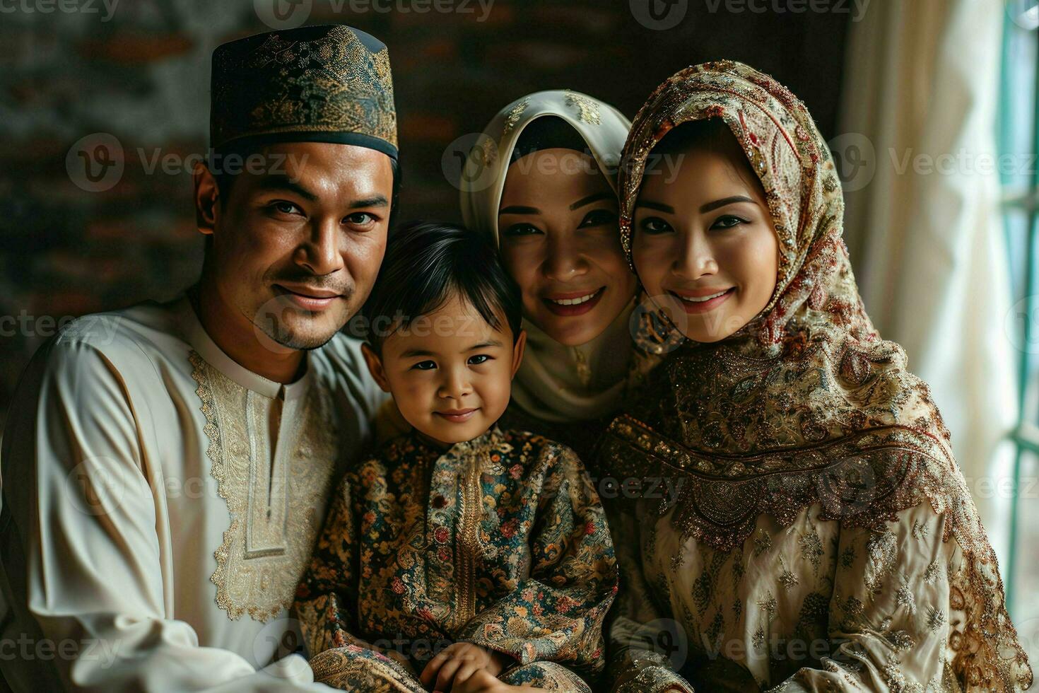 AI generated Portrait of a Happy Asian Muslim Family in Traditional Clothes. Generative AI photo