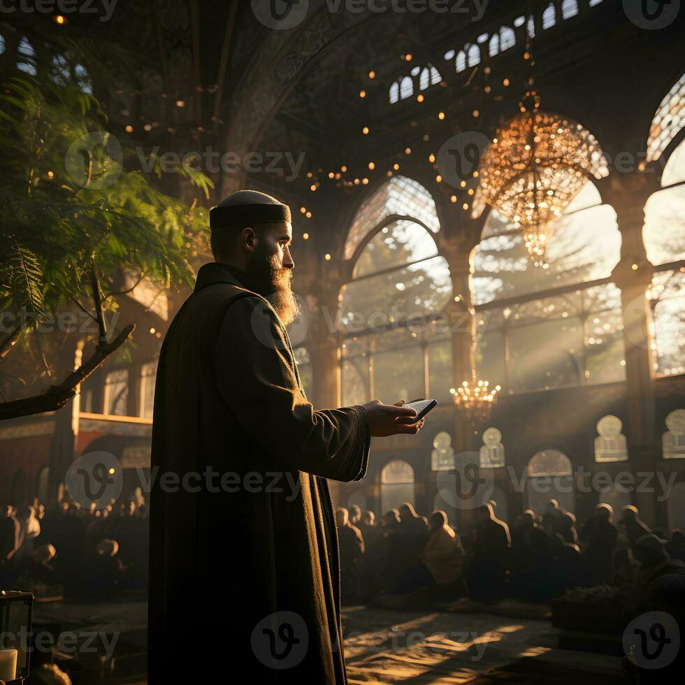 AI generated Islamic Imam Conducts a Sermon at the Mosque. Muslim Imam Preaching to the People in the Mosque. Generative Ai photo